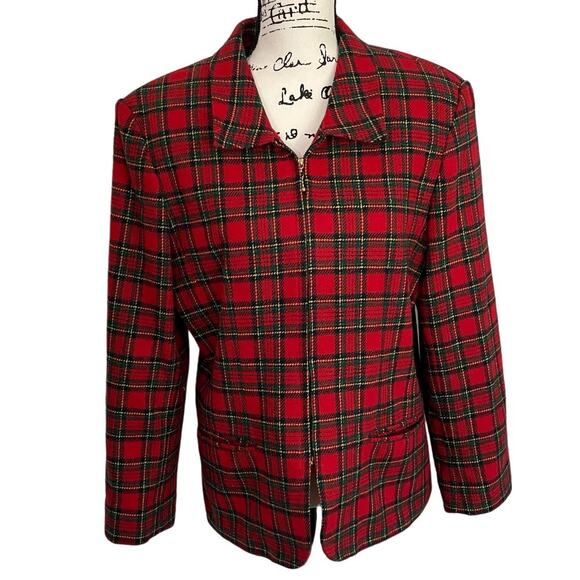 Vintage 1990s Tartan Plaid Blazer Jacket Zip Front Red Christmas Winter Festive - Picture 2 of 14
